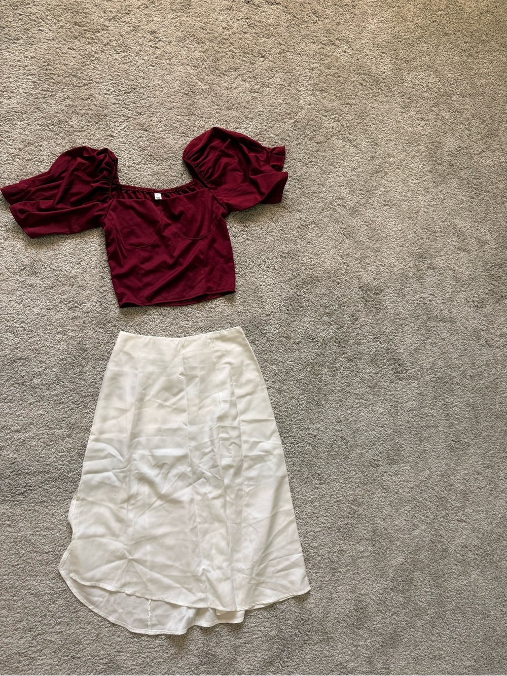 Women’s Two-Piece Skirt Set - Burgundy Top & Cream Midi Skirt